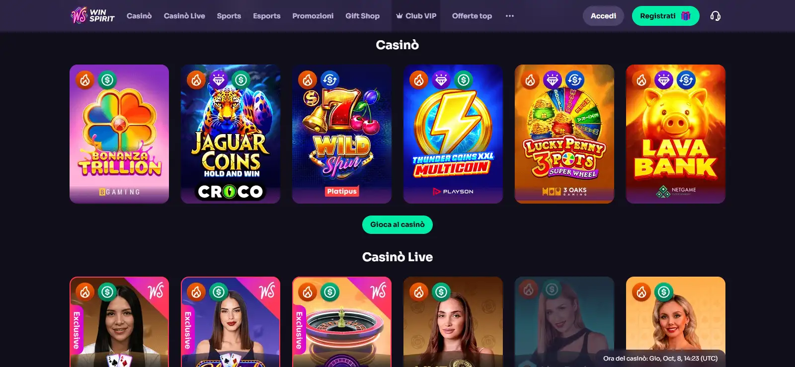 Schermata reale del sito WinSpirit con navigazione e sezioni di giochi visibili